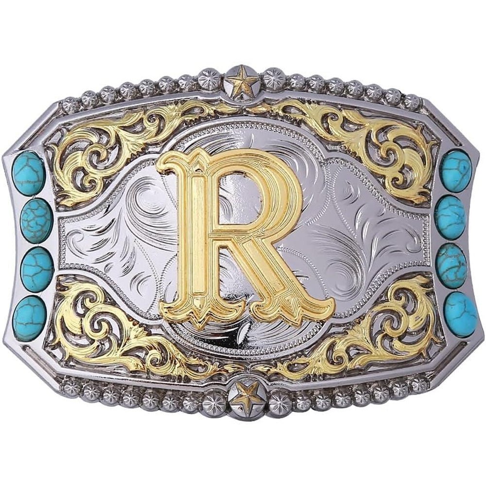 Western Initial Belt Buckle with Turquoise and Gold Silver Engraving - CowderryBelt BucklesR