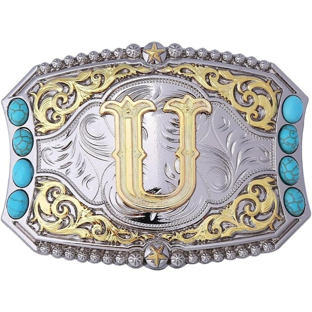 Western Initial Belt Buckle with Turquoise and Gold Silver Engraving - CowderryBelt BucklesU