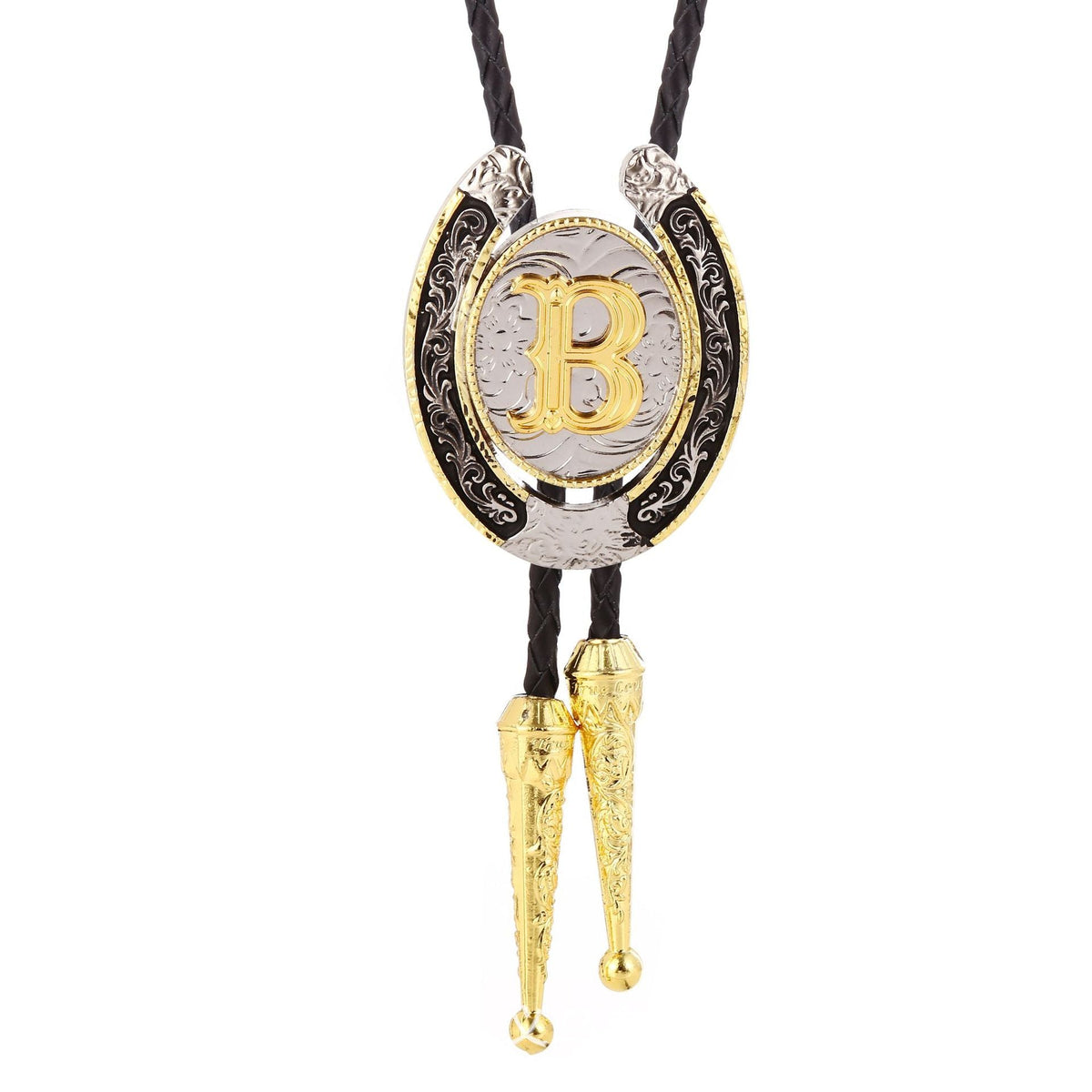 Western Initial Bolo Tie with Two Tone Horseshoe A to Z - CowderryBolo TieB