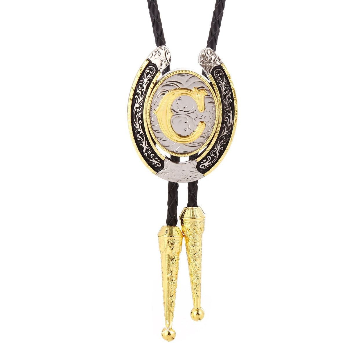 Western Initial Bolo Tie with Two Tone Horseshoe A to Z - CowderryBolo TieC