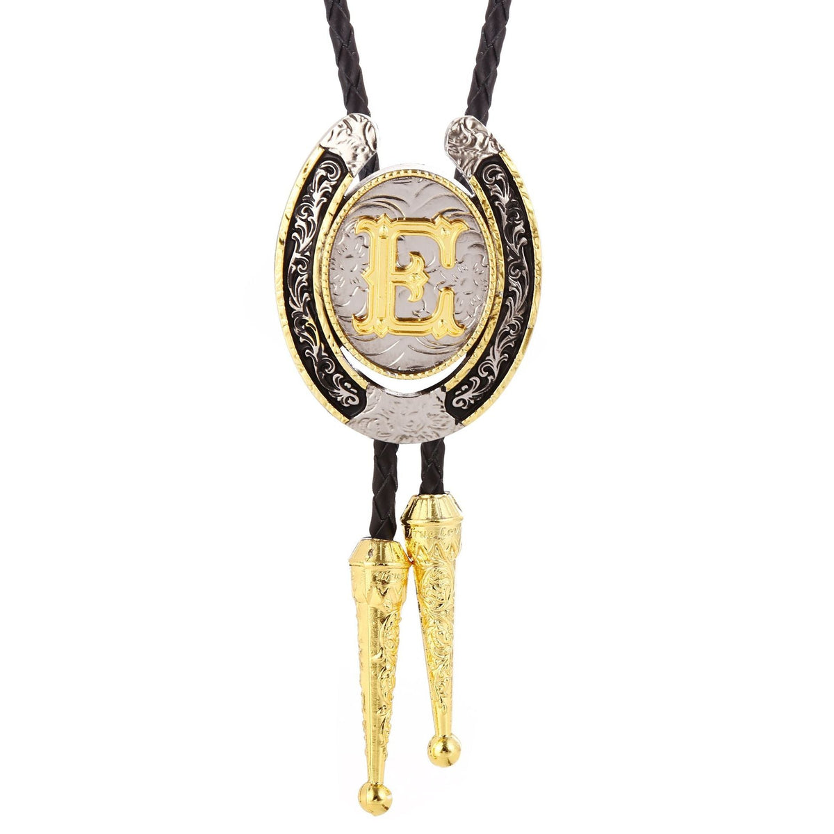 Western Initial Bolo Tie with Two Tone Horseshoe A to Z - CowderryBolo TieE