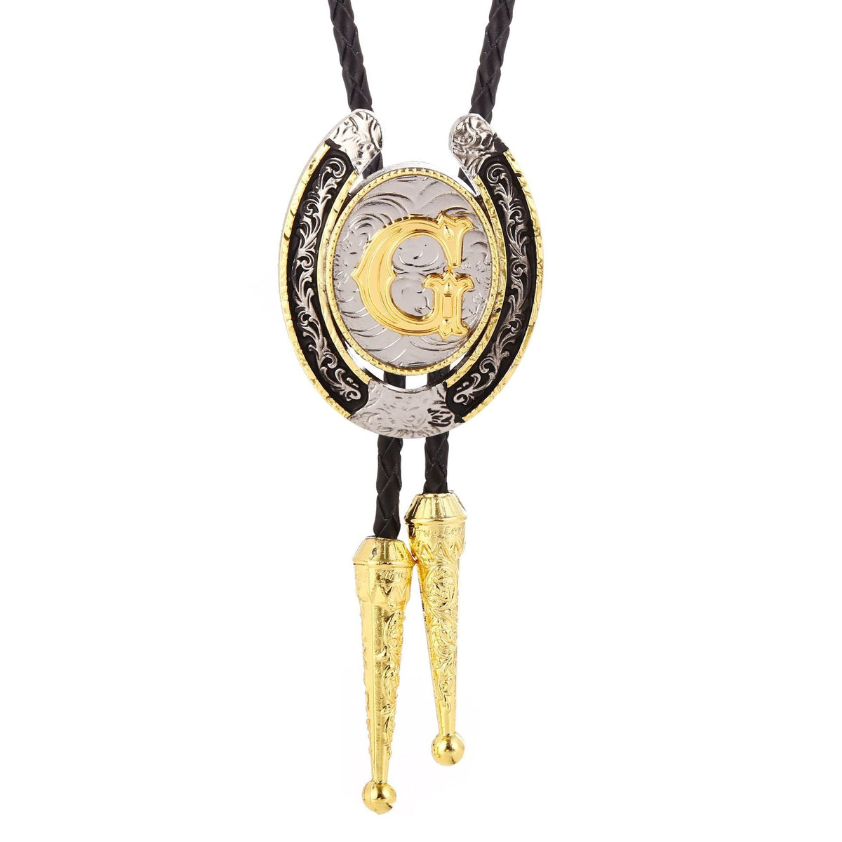 Western Initial Bolo Tie with Two Tone Horseshoe A to Z - CowderryBolo TieG
