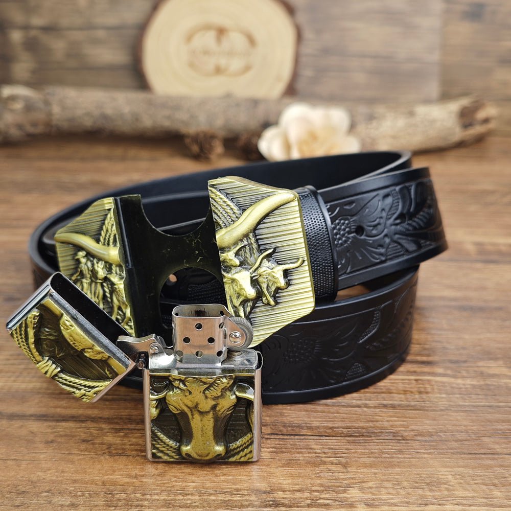 Western Longhorn Belt With Hidden Lighter - CowderryBeltsBrown