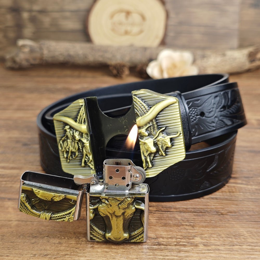Western Longhorn Belt With Hidden Lighter - CowderryBeltsBrown