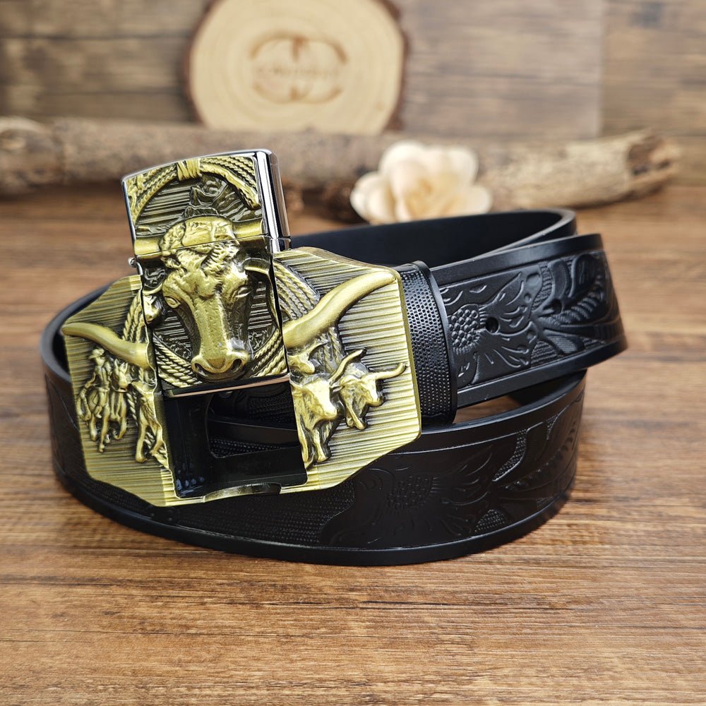 Western Longhorn Belt With Hidden Lighter - CowderryBeltsBrown