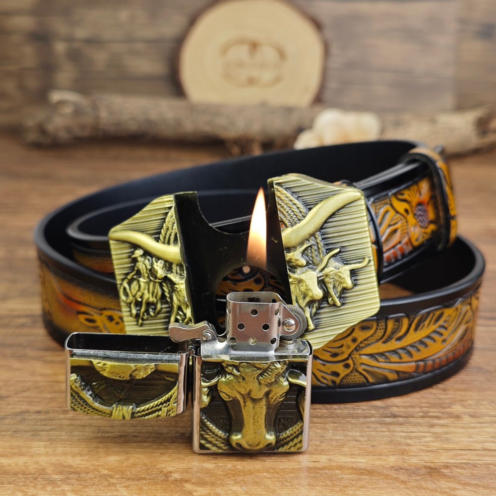 Western Longhorn Belt With Hidden Lighter - CowderryBeltsBrown