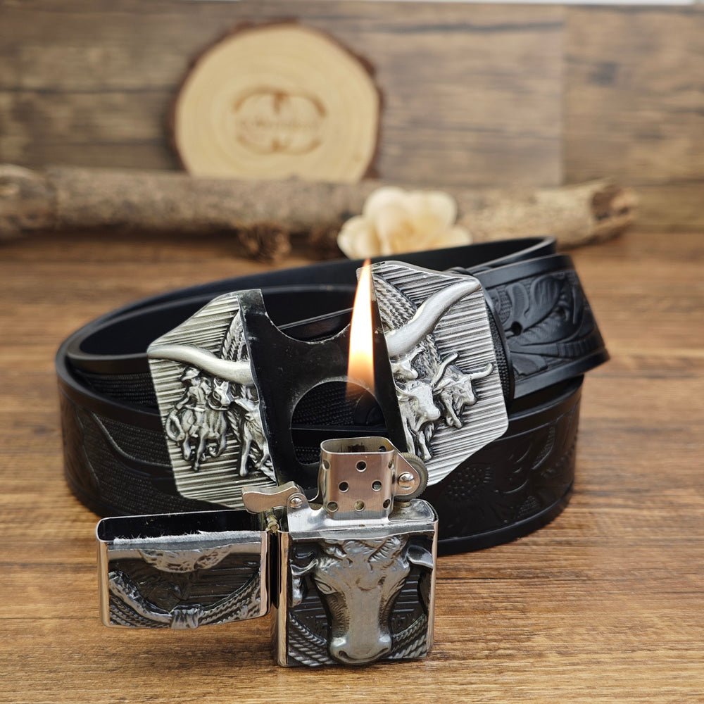 Western Longhorn Belt With Hidden Lighter - CowderryBeltsSilver