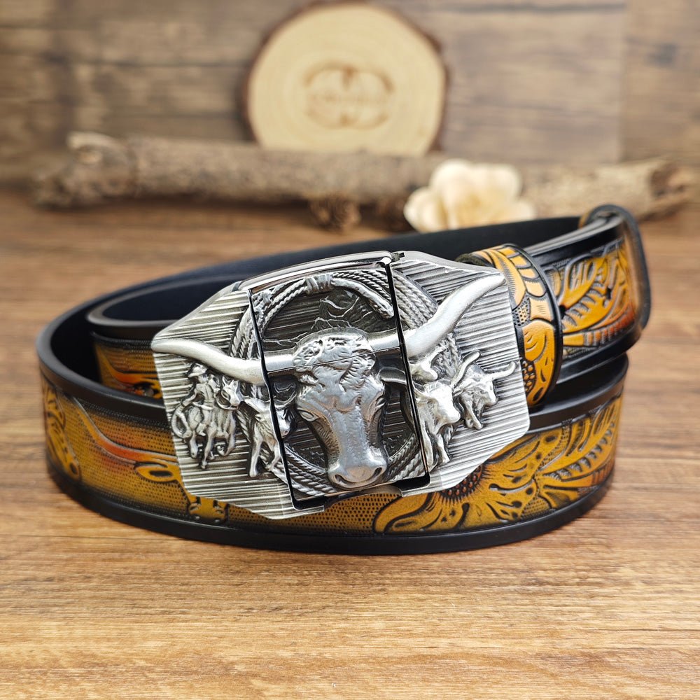 Western Longhorn Belt With Hidden Lighter - CowderryBeltsSilver
