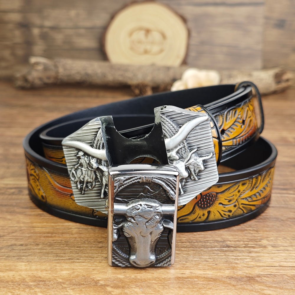 Western Longhorn Belt With Hidden Lighter - CowderryBeltsSilver