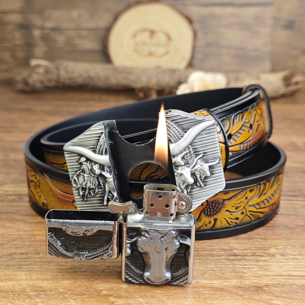 Western Longhorn Belt With Hidden Lighter - CowderryBeltsSilver