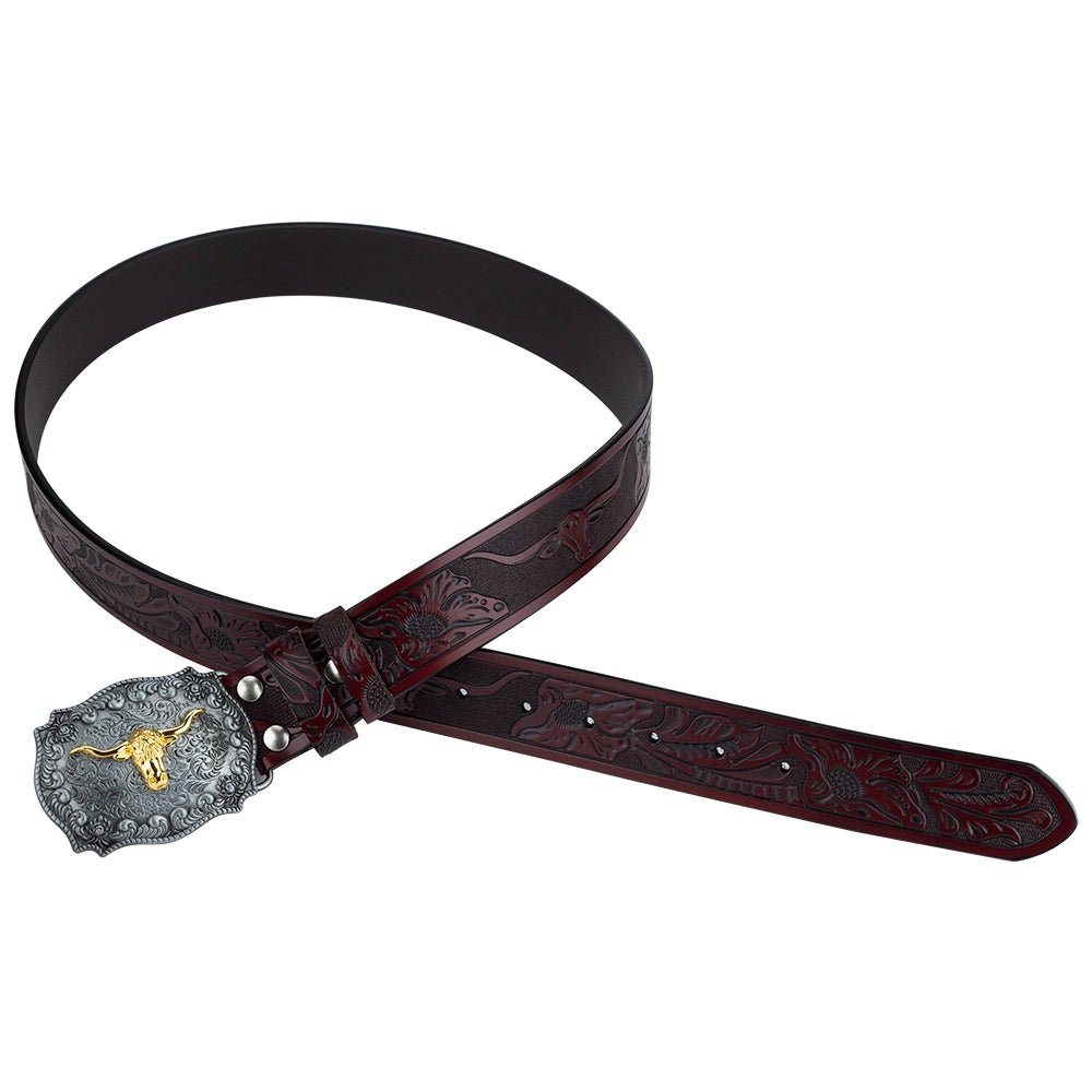 Western Longhorn Leather Belt with Buckle - CowderryBeltsBlack