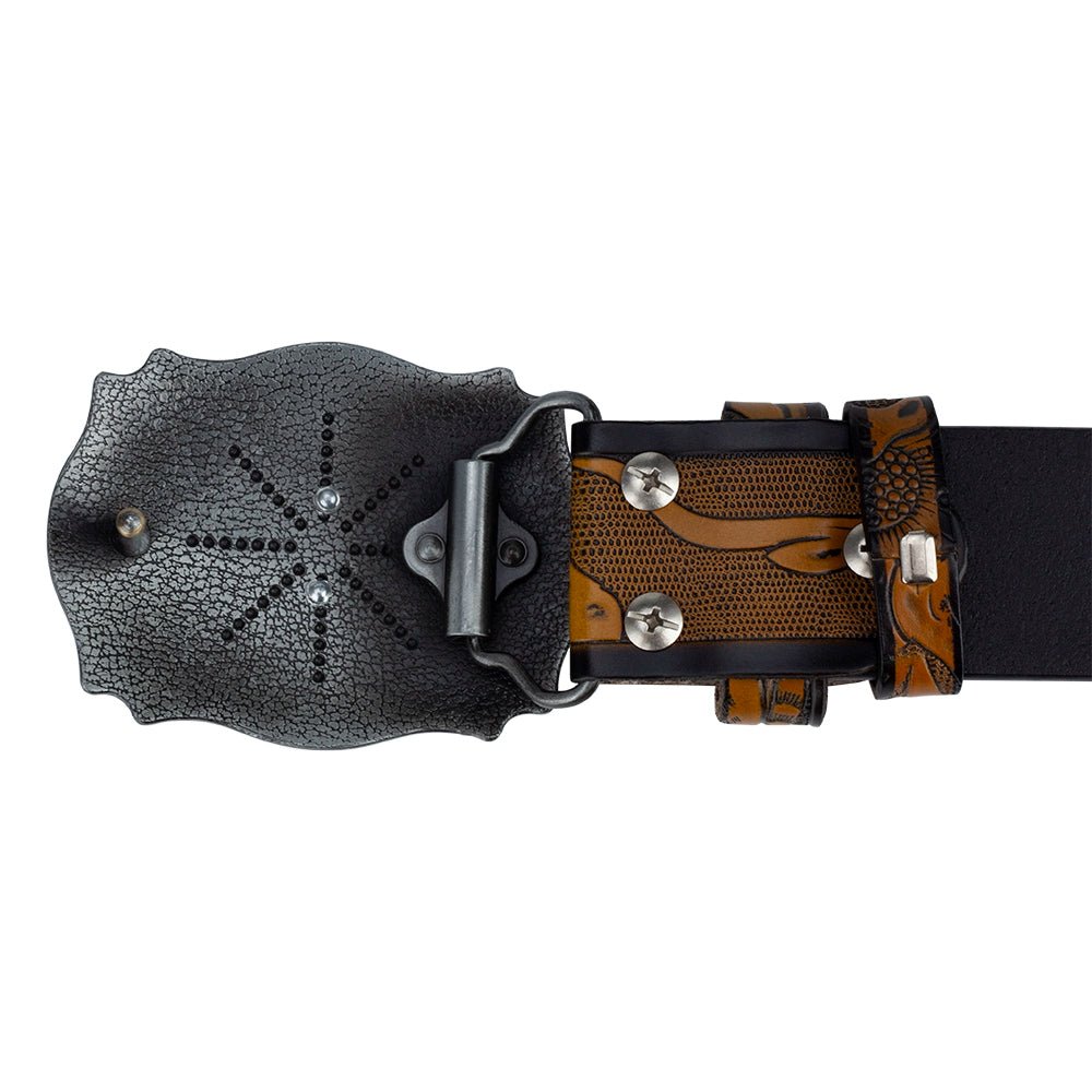 Western Longhorn Leather Belt with Buckle - CowderryBeltsBlack