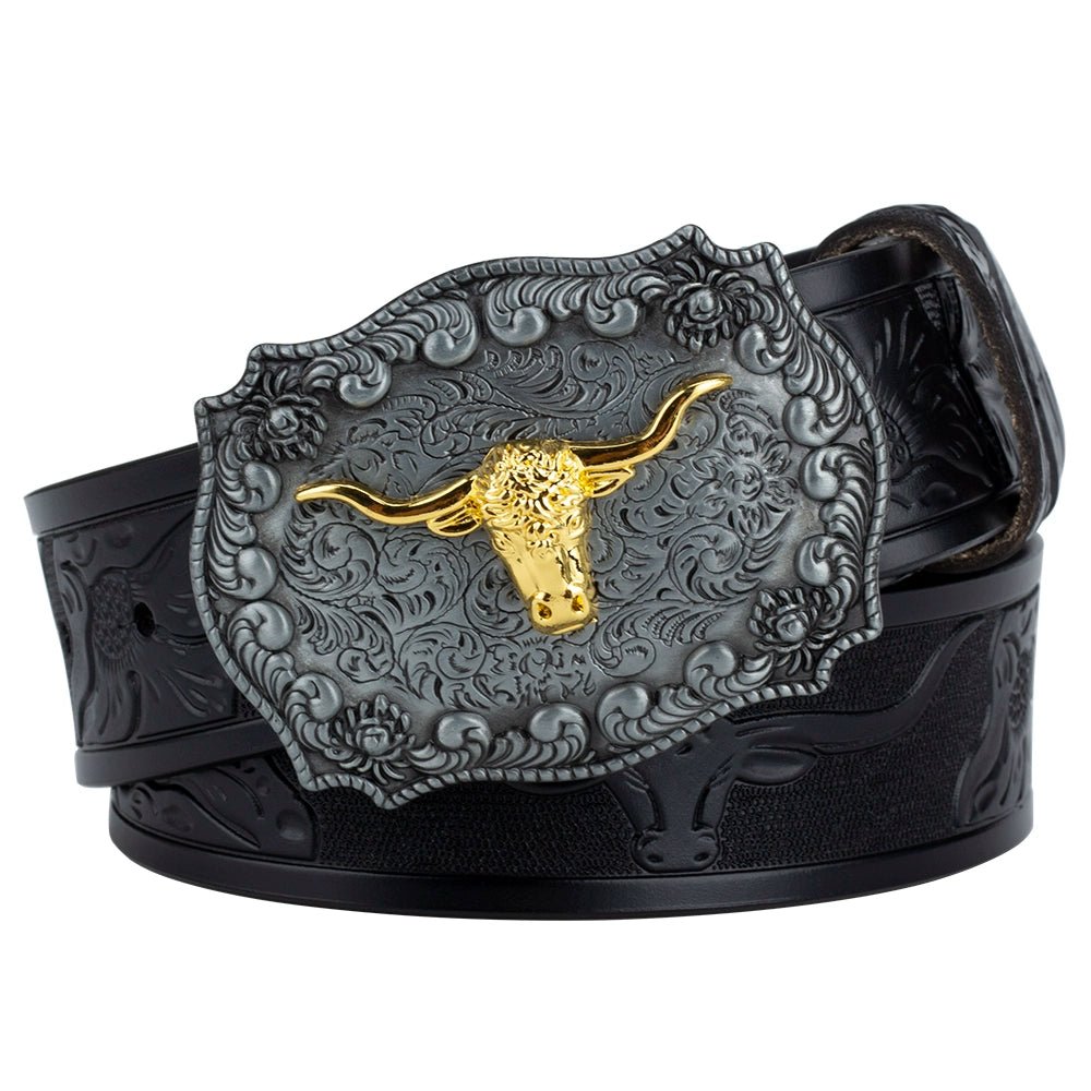 Western Longhorn Leather Belt with Buckle - CowderryBeltsBlack