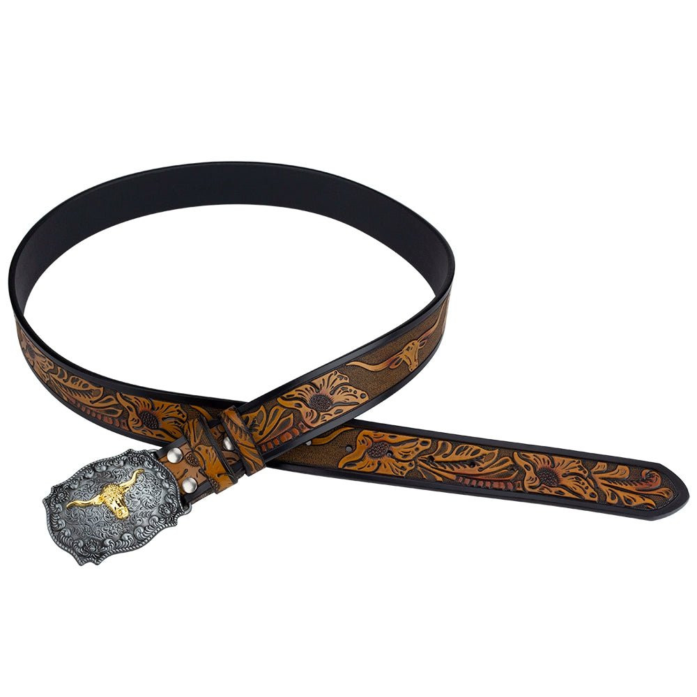 Western Longhorn Leather Belt with Buckle - CowderryBeltsBrown and Black
