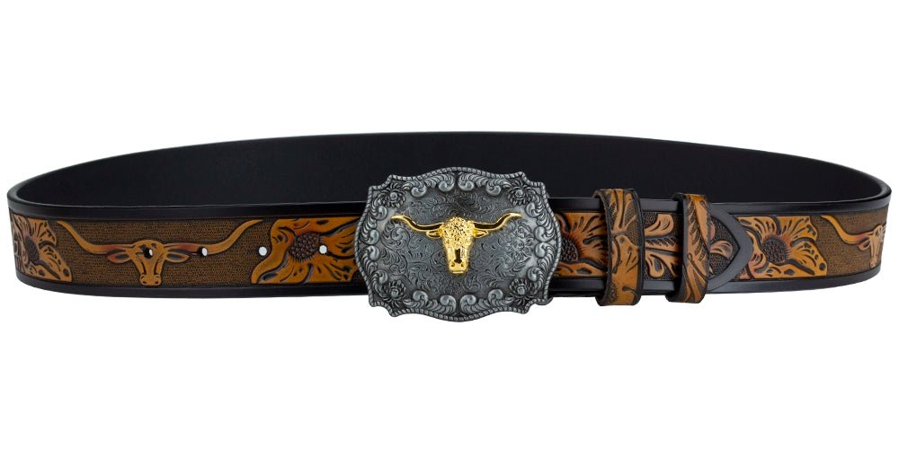 Western Longhorn Leather Belt with Buckle - CowderryBeltsBrown and Black