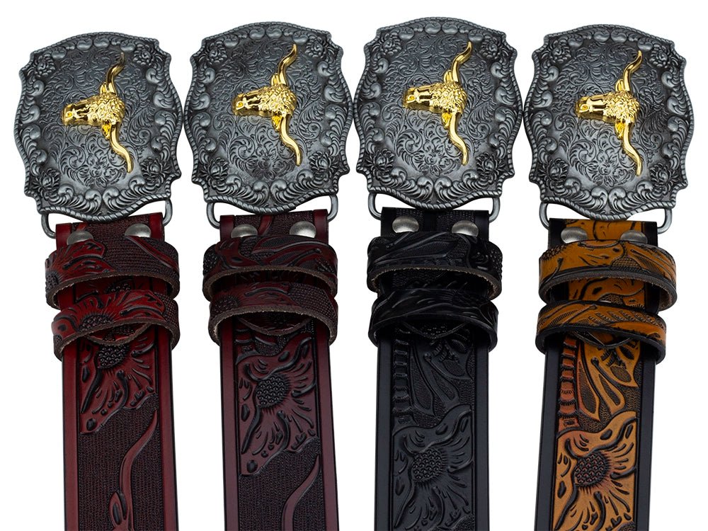 Western Longhorn Leather Belt with Buckle - CowderryBeltsBrown and Black