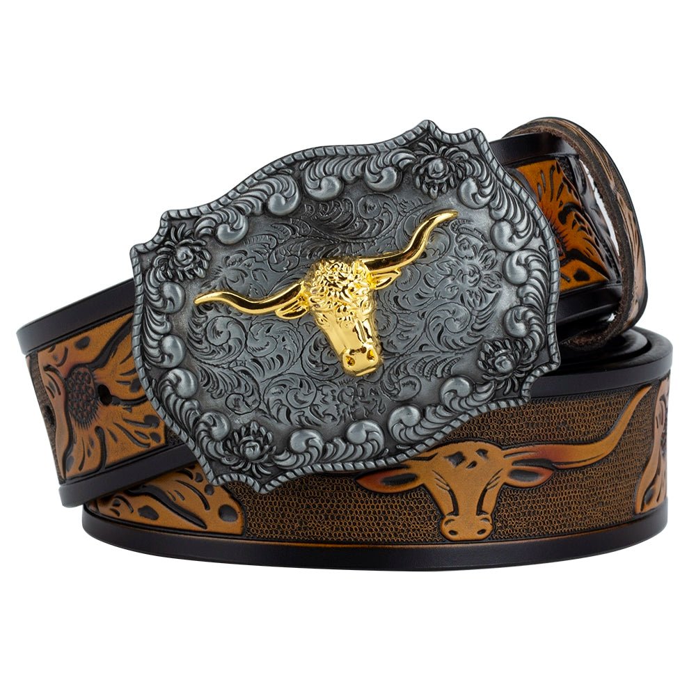 Western Longhorn Leather Belt with Buckle - CowderryBeltsBrown