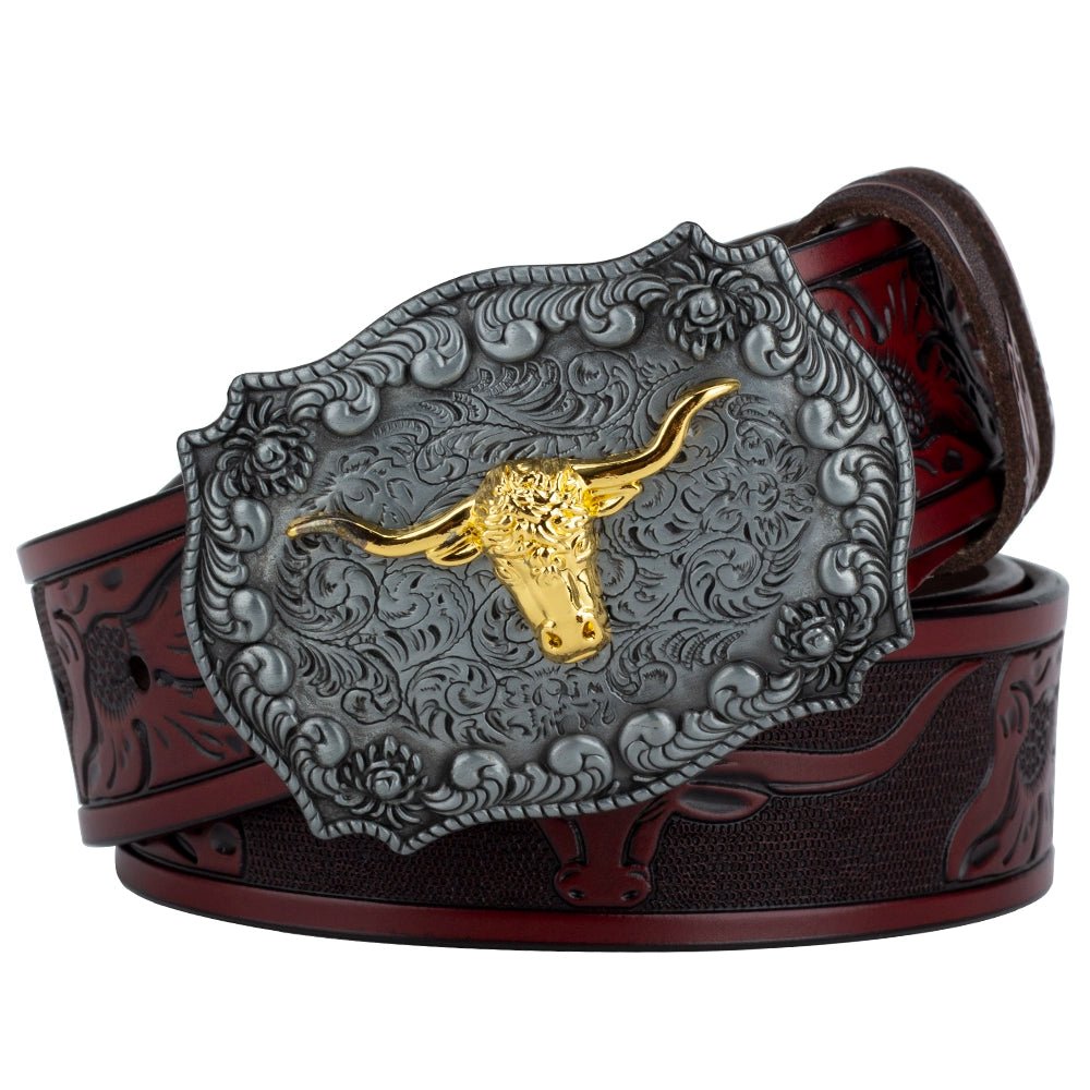 Western Longhorn Leather Belt with Buckle - CowderryBeltsBrown