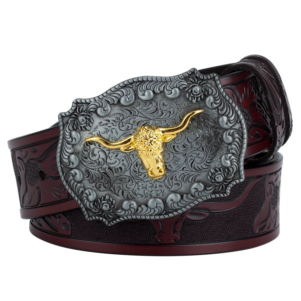Western Longhorn Leather Belt with Buckle - CowderryBeltsDark Brown