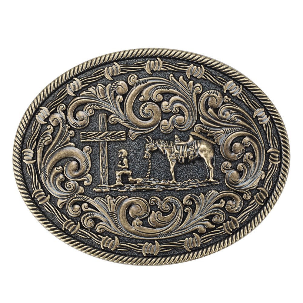 Western Oval Belt Buckle Cowboy Horse Cross Floral Scroll Rodeo - CowderryBelt BucklesAntique Gold
