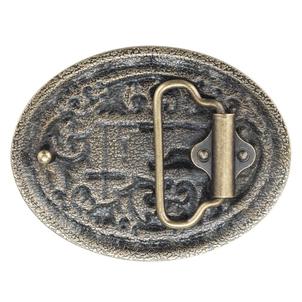Western Oval Belt Buckle Cowboy Horse Cross Floral Scroll Rodeo - CowderryBelt BucklesAntique Gold