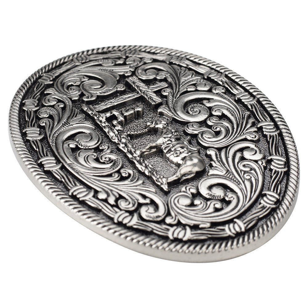 Western Oval Belt Buckle Cowboy Horse Cross Floral Scroll Rodeo - CowderryBelt BucklesAntique Silver