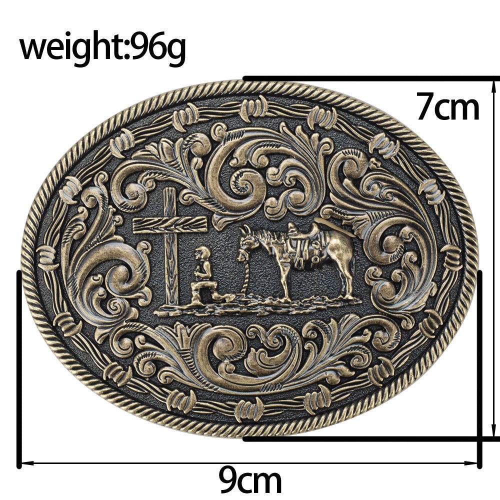 Western Oval Belt Buckle Cowboy Horse Cross Floral Scroll Rodeo - CowderryBelt BucklesAntique Silver
