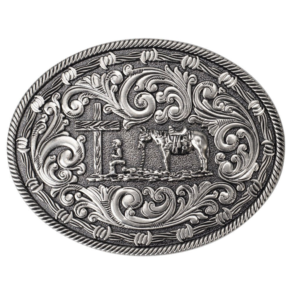 Western Oval Belt Buckle Cowboy Horse Cross Floral Scroll Rodeo - CowderryBelt BucklesAntique Silver