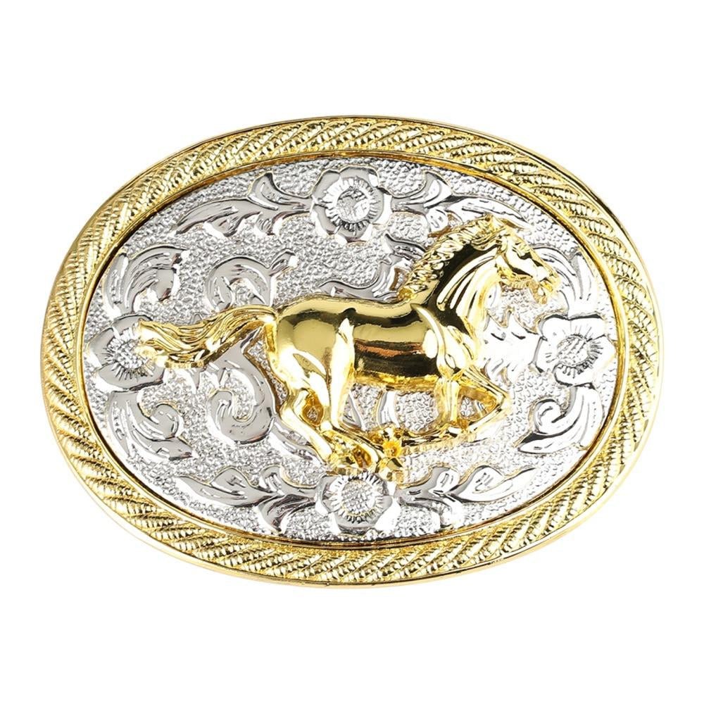 Western Retro Engraved Floral Belt Buckle with Silver and Gold Tone - CowderryBelt BucklesHorse