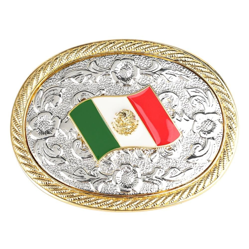 Western Retro Engraved Floral Belt Buckle with Silver and Gold Tone - CowderryBelt BucklesMexico Flag