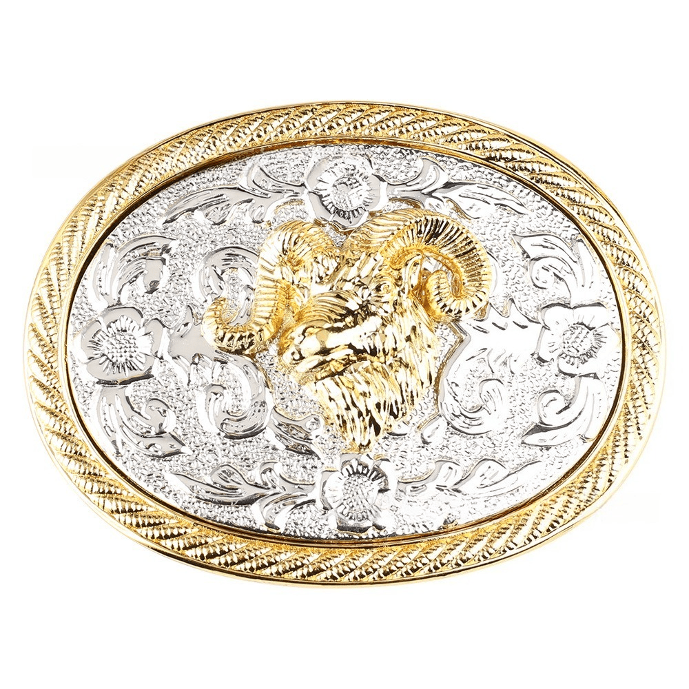Western Retro Engraved Floral Belt Buckle with Silver and Gold Tone - CowderryBelt BucklesRam