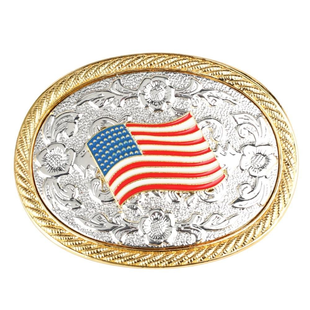 Western Retro Engraved Floral Belt Buckle with Silver and Gold Tone - CowderryBelt BucklesUS Flag