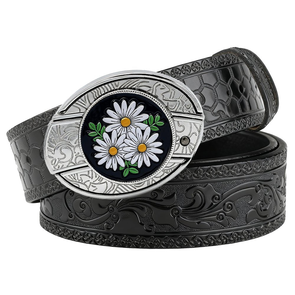 Womens Daisy Western Embossed Leather Belt - CowderryBeltsBlack