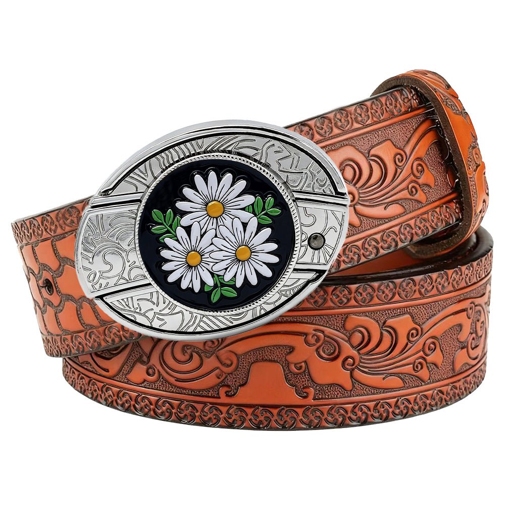 Womens Daisy Western Embossed Leather Belt - CowderryBeltsBrown