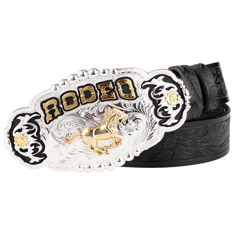 Big Gold Rodeo Belt Buckle With Cowboy Belt - CowderryBeltHorse