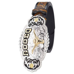 Big Gold Rodeo Belt Buckle With Cowboy Belt - CowderryBeltLonghorn