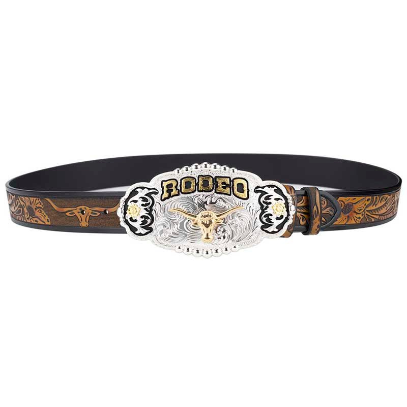 Big Gold Rodeo Belt Buckle With Cowboy Belt - CowderryBeltLonghorn