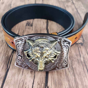 Cool Wolf Square Belt Buckle with Western Belt Brown / 32-34 (Fit Waist 30-32 in)