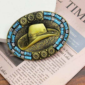 Cowboys Hat Turquoise Decor Western Belt Buckle - CowderryBelt BuckleBronze