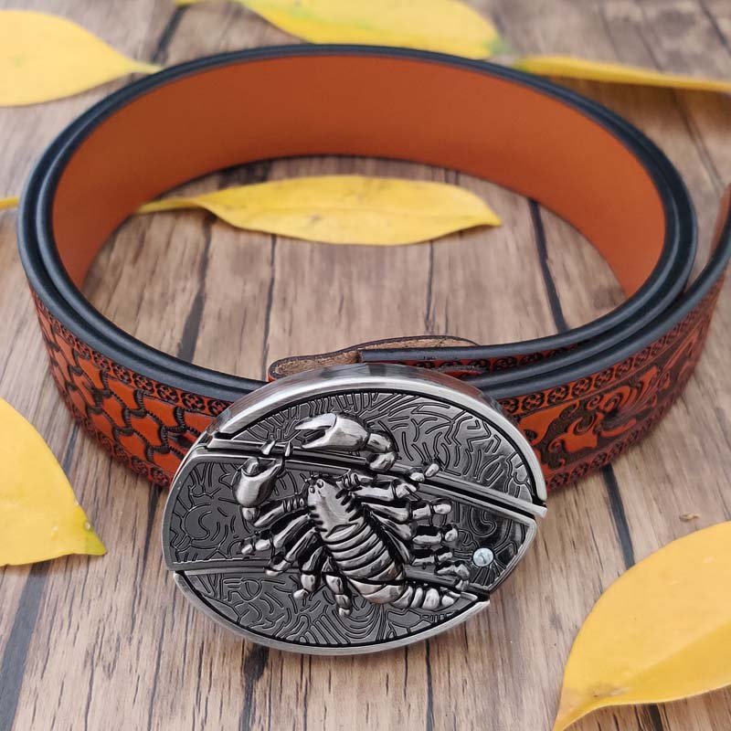 Embossed Country Utility Belt with Cool Oval Belt Buckle - CowderryScorpion