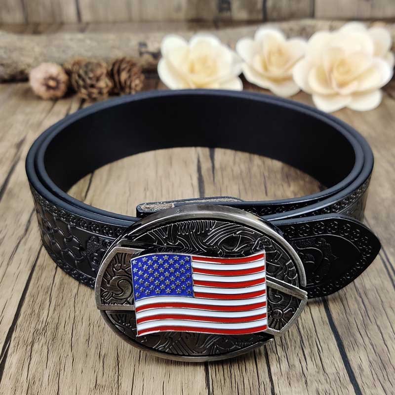 Embossed Country Utility Black Belt with Cool Oval Belt Buckle - CowderryAmerican flag