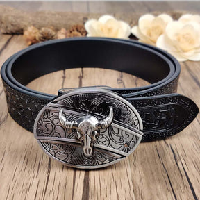 Embossed Country Utility Black Belt with Cool Oval Belt Buckle - CowderryBull