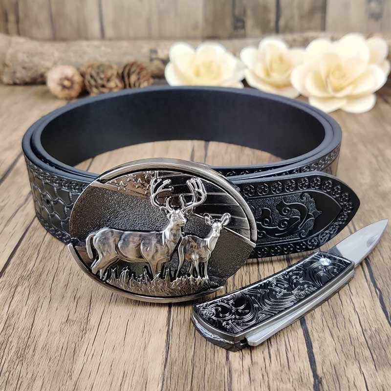 Embossed Country Utility Black Belt with Cool Oval Belt Buckle