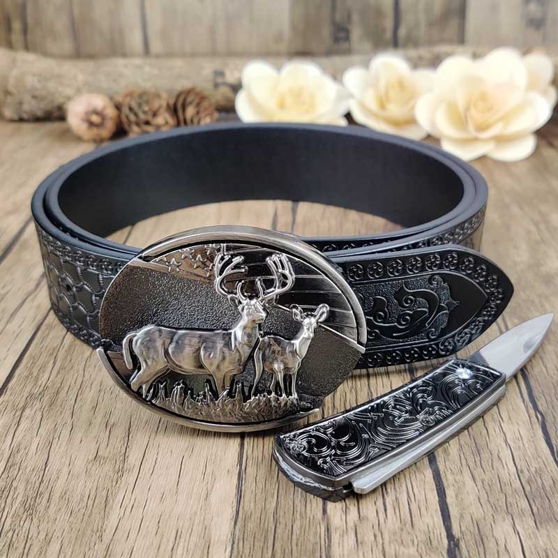 Embossed Country Utility Black Belt with Cool Oval Belt Buckle - CowderryDeer