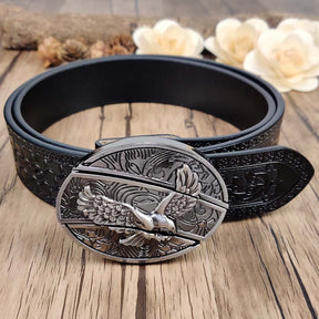 Embossed Country Utility Black Belt with Cool Oval Belt Buckle - CowderryEagle