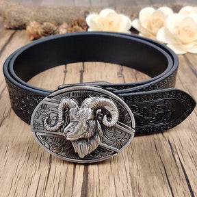 Embossed Country Utility Black Belt with Cool Oval Belt Buckle - CowderryGoat