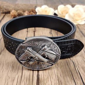 Embossed Country Utility Black Belt with Cool Oval Belt Buckle - CowderryGuns