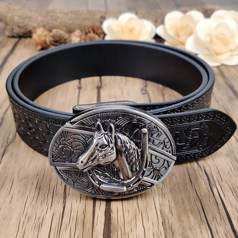 Embossed Country Utility Black Belt with Cool Oval Belt Buckle - CowderryHorsehead