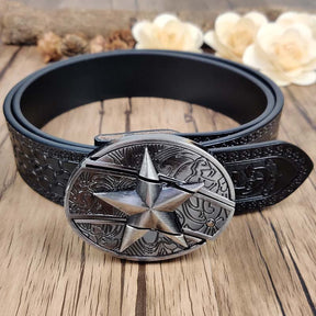 Embossed Country Utility Black Belt with Cool Oval Belt Buckle - CowderryLone Star