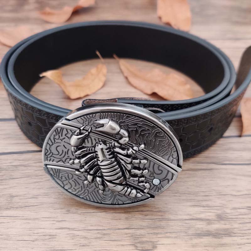 Embossed Country Utility Black Belt with Cool Oval Belt Buckle - CowderryScorpion